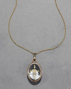 Antique Early 1900s 14k Gold Cross with Quartz Pendant Necklace