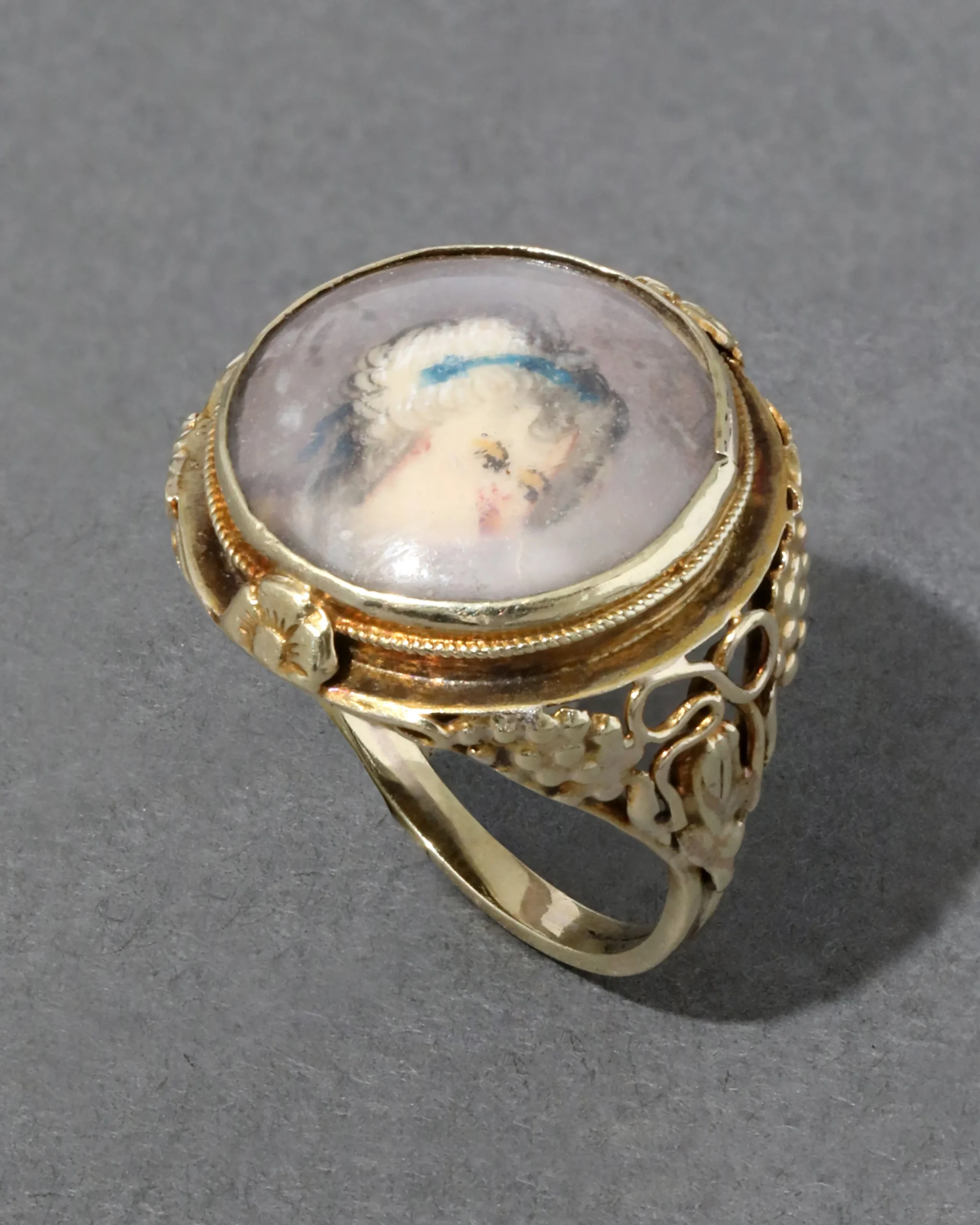 Antique Early 1800s 14k Gold English Hand Painted Portrait Floral Shank Ring