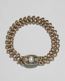 Antique Early 1800s 14k Gold with Mother of Pearl & Diamond Hand Engraved Link Bracelet