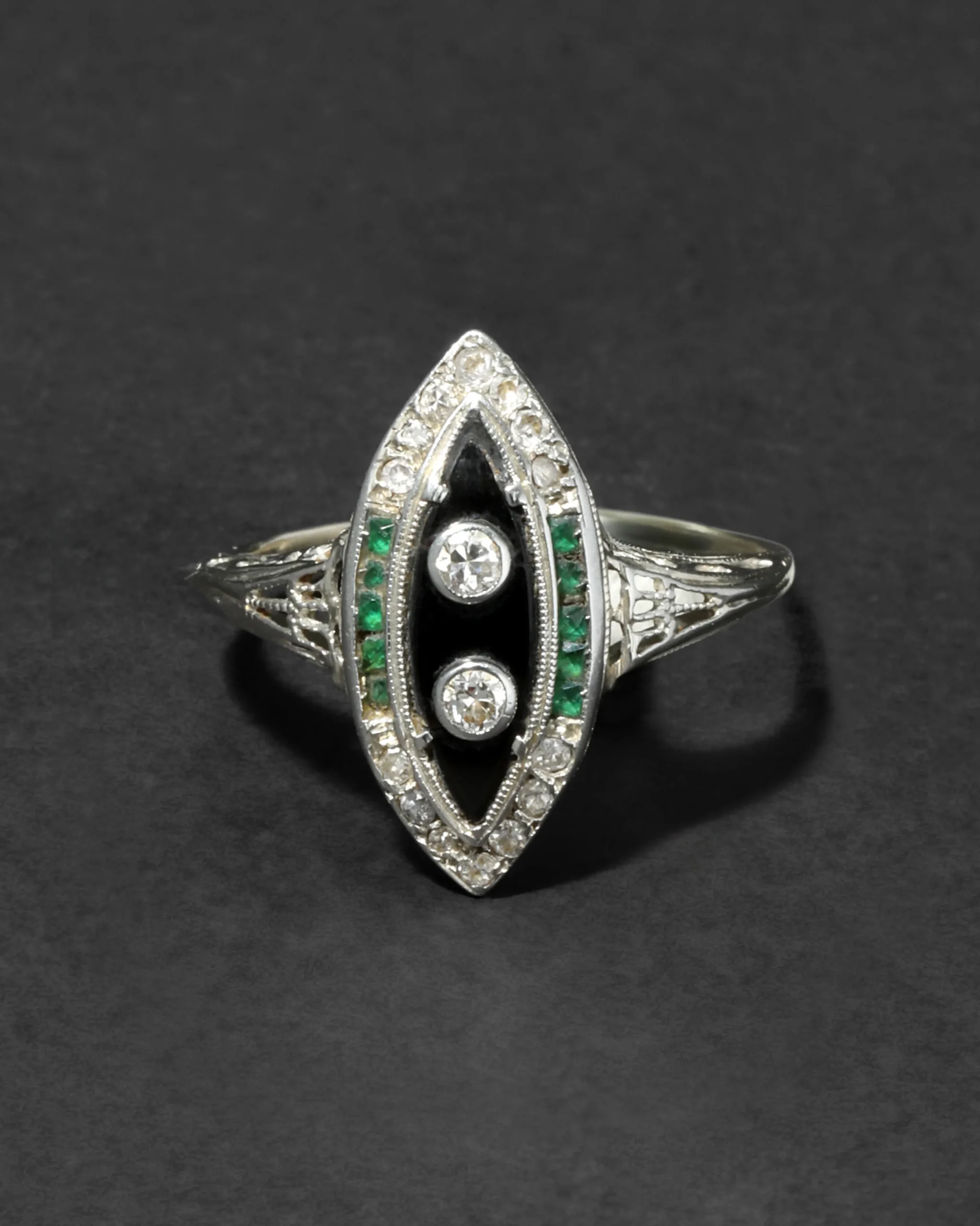 Antique 1910s 14k White Gold with Diamond, Emerald & Onyx Marquis Ring