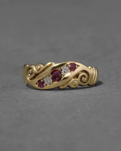 Antique Victorian English 1800s 14k Gold with Ruby & Diamond Band Ring