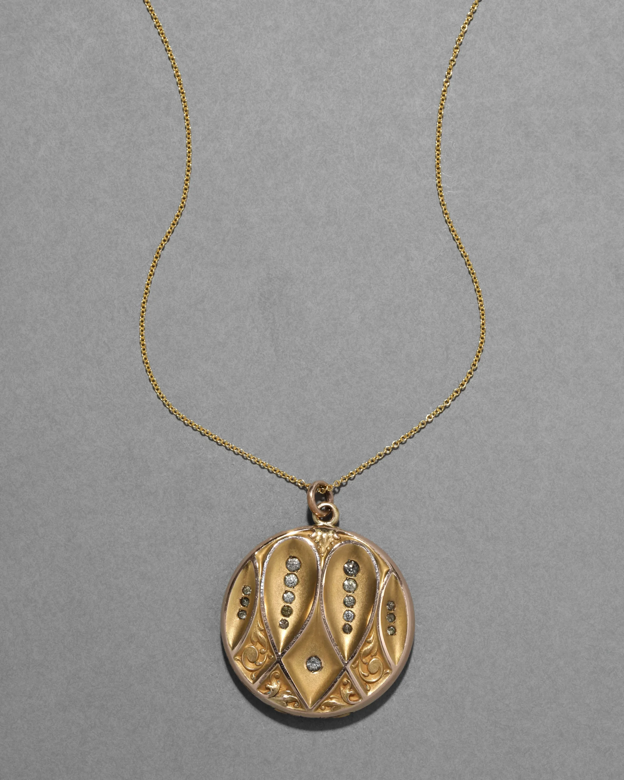 Antique Victorian 1800s 14k Gold Fill & Paste Crystal Patterned Locket Pendant Necklace