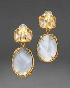 Brut Gold Bezel Drop Clip Earring- Iolite Mother of Pearl