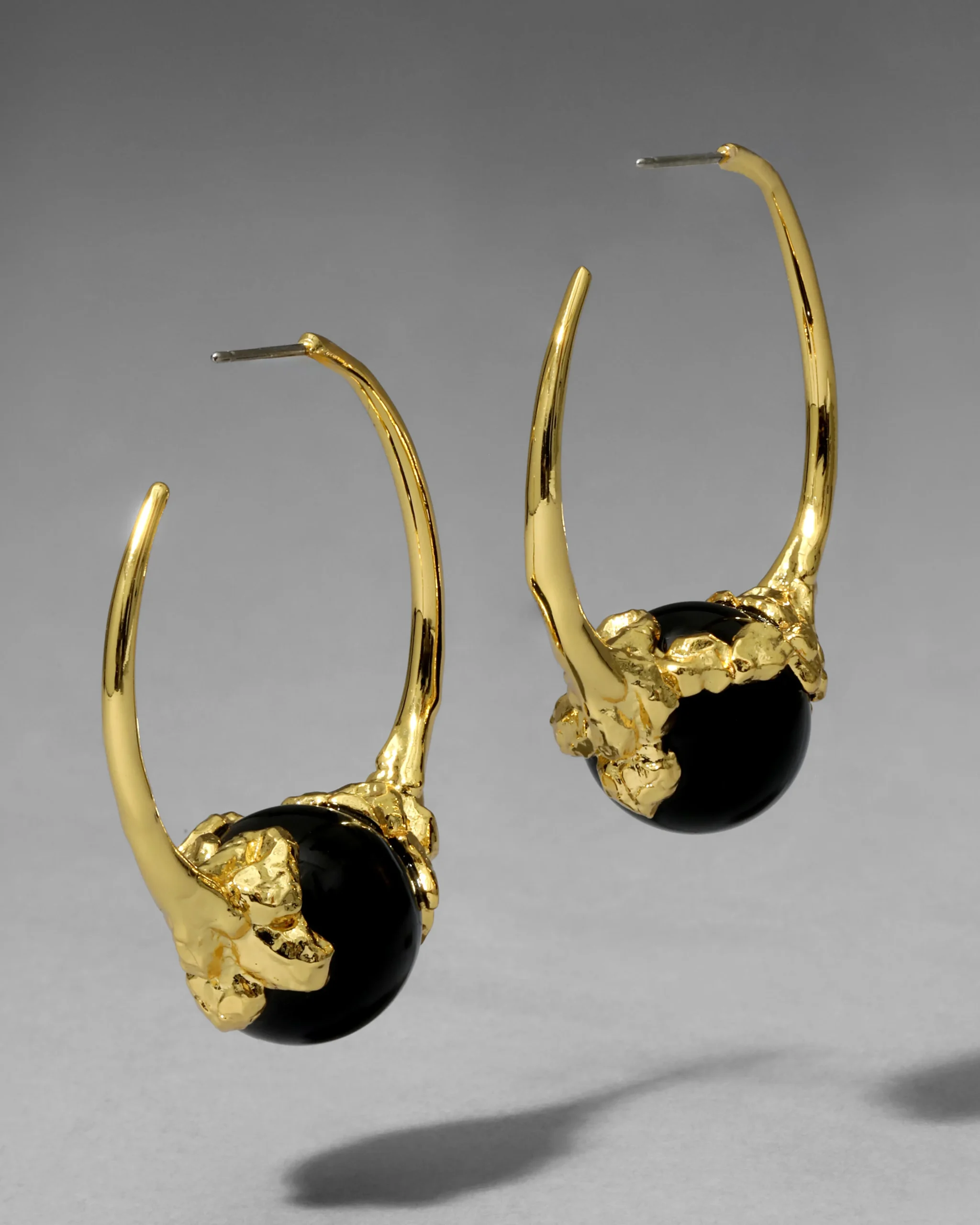 Brut Gold Capped Black Agate Hoop Earring