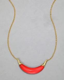 Gold Capped Crescent Lucite Necklace- Lipstick Red