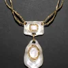 Lucite Brutalist White Mother of Pearl Doublet Necklace- Silver