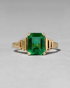 Vintage 1980s 14k Gold & Emerald Retro Deco Design Ring