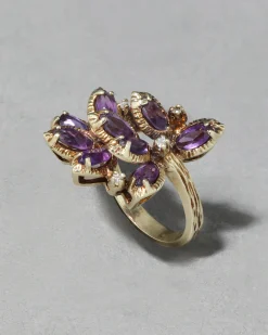 Vintage 1960s 14k Gold Handmade Brutalist Amethyst & Diamond Ring