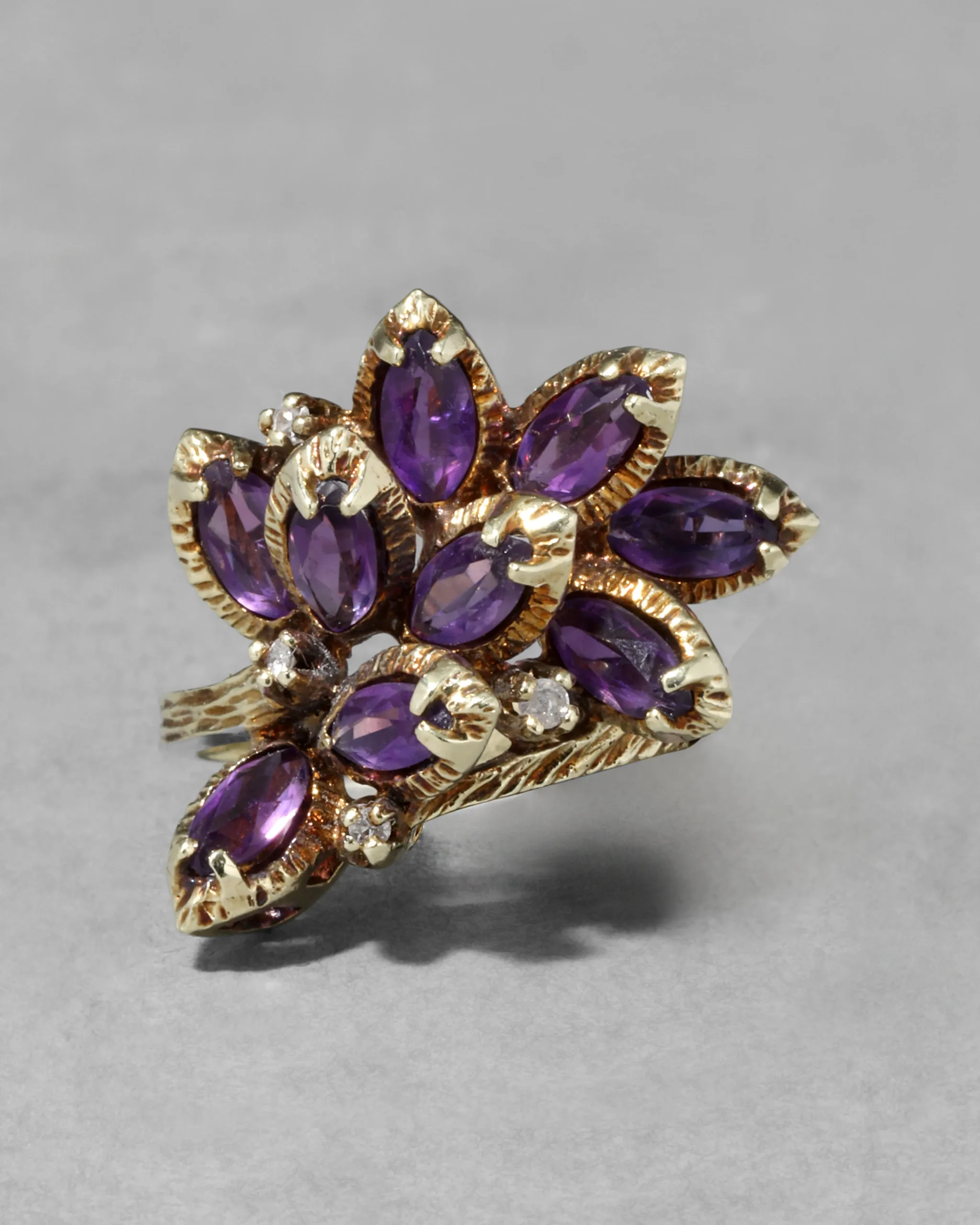 Vintage 1960s 14k Gold Handmade Brutalist Amethyst & Diamond Ring