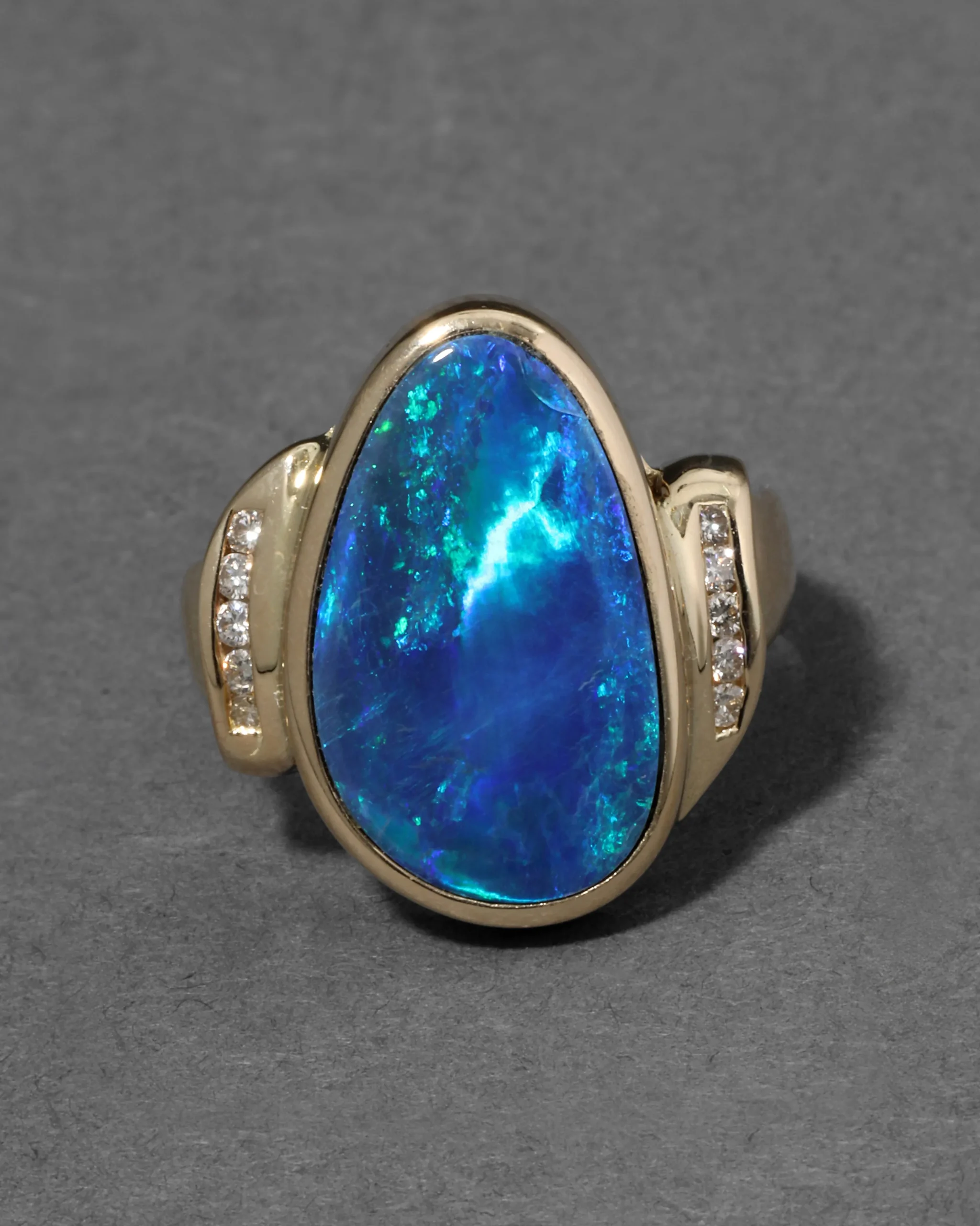 Vintage 1970s 14k Gold & Opal with Diamond Border Ring