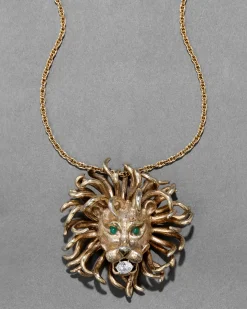 Vintage 1960s 14k Gold Washed Sterling Silver Lion Pendant Necklace with Jade Eyes