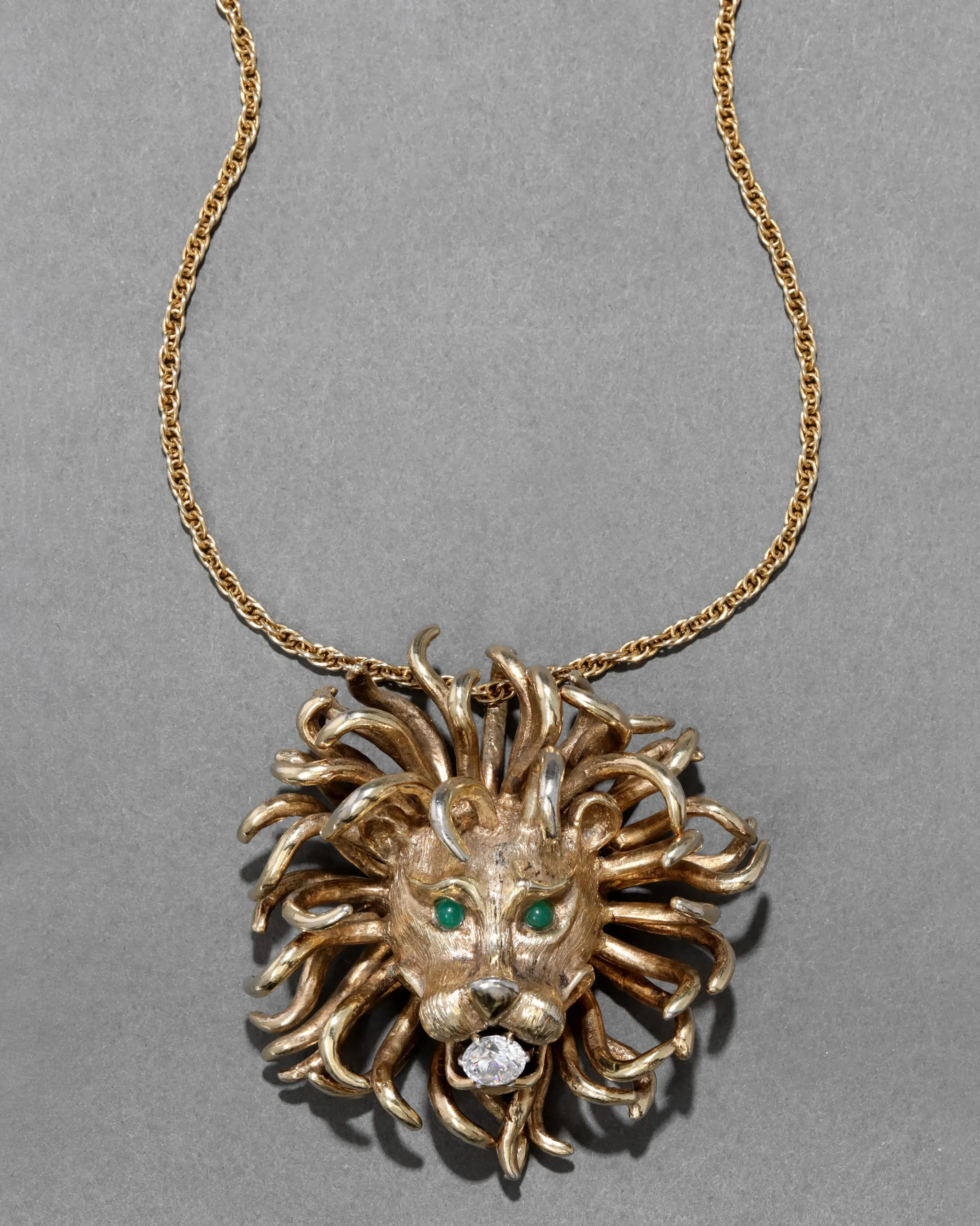 Vintage 1960s 14k Gold Washed Sterling Silver Lion Pendant Necklace with Jade Eyes