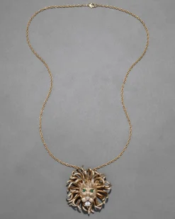 Vintage 1960s 14k Gold Washed Sterling Silver Lion Pendant Necklace with Jade Eyes
