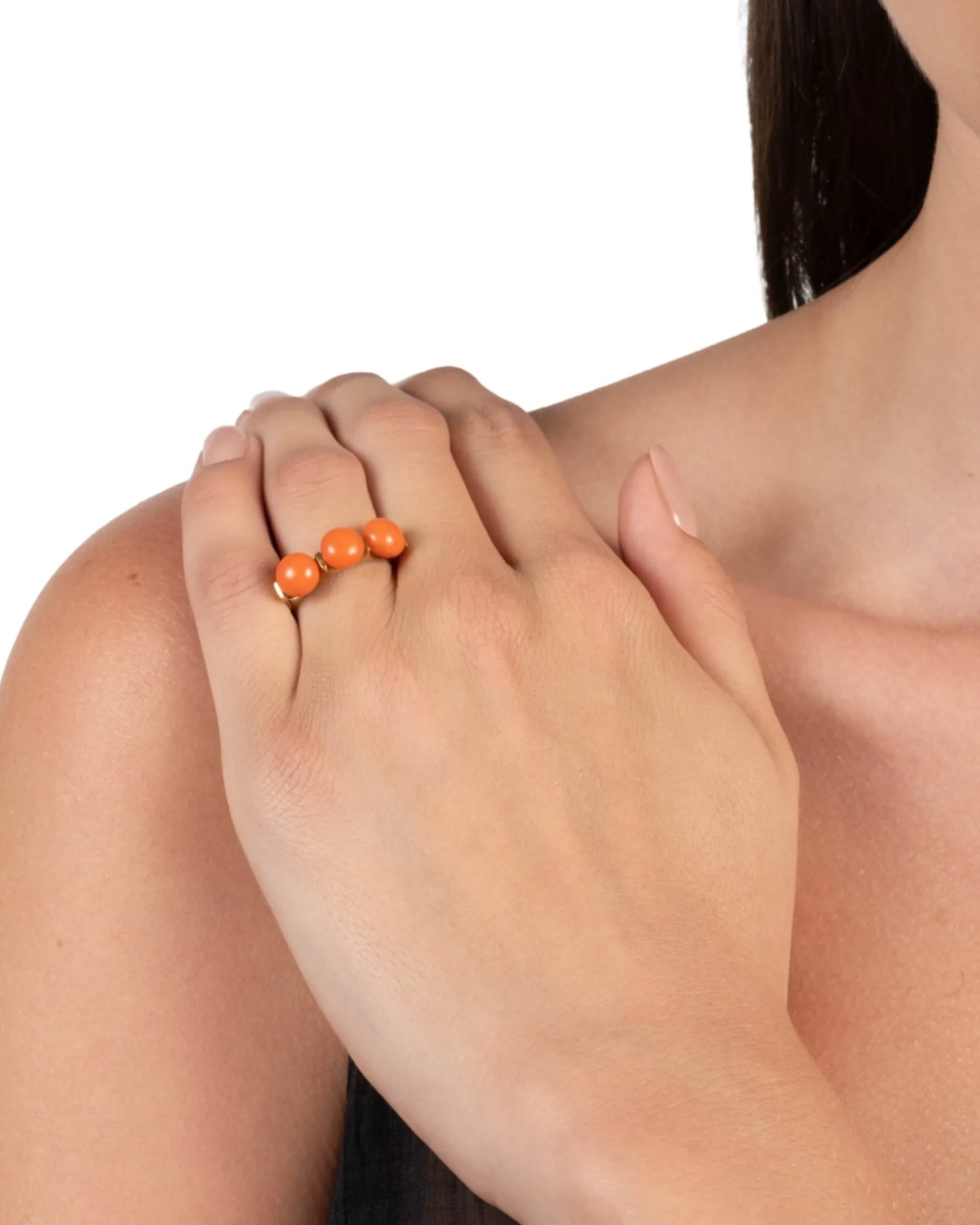 Vintage 1960s 10k Gold with Coral Cabachon Trio Ring