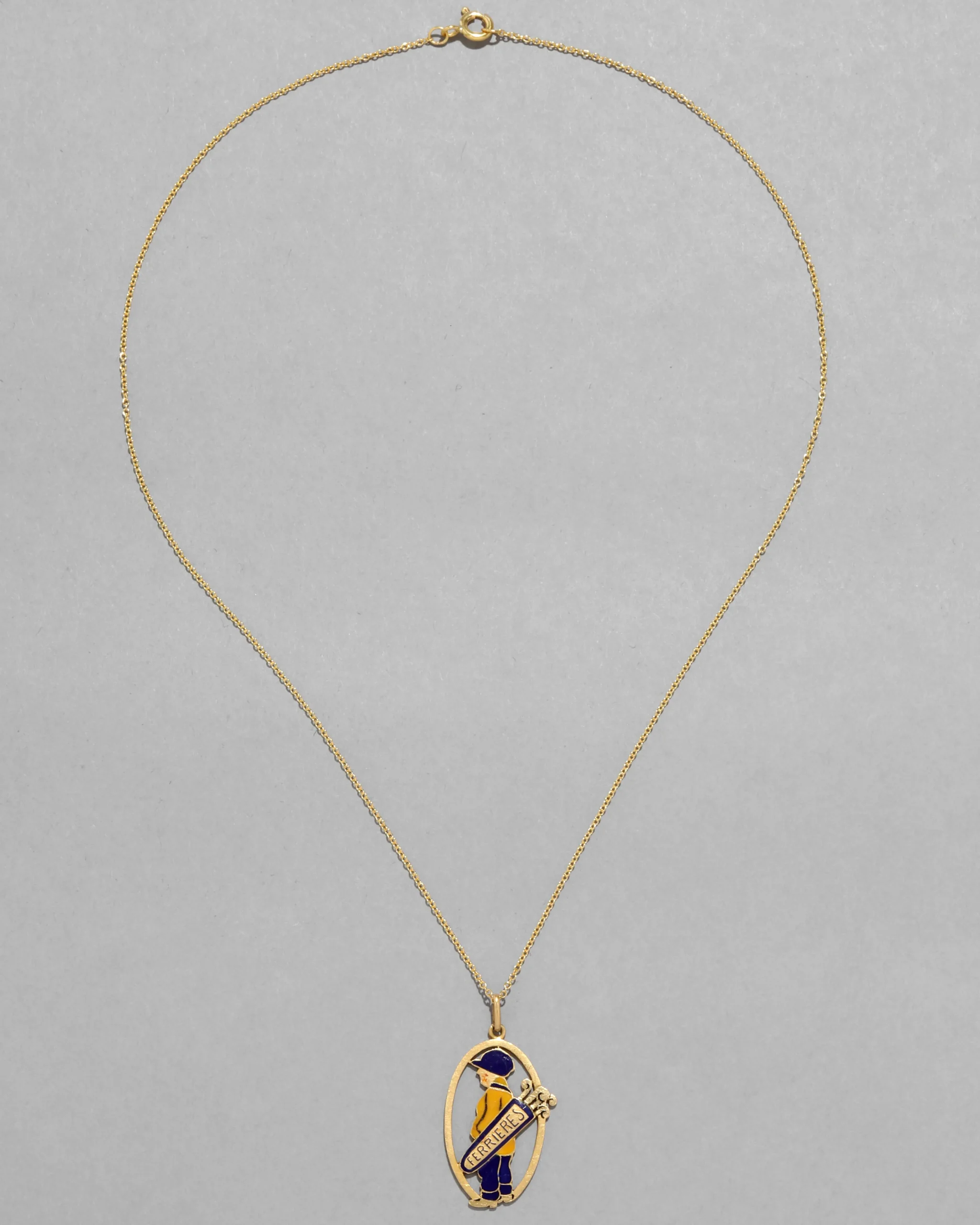 Vintage 1930s 14k Gold with Enamel French Mascot Pendant Necklace