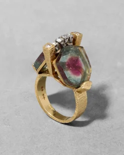 Vintage 1970s 18k Gold with Watermelon Tourmaline & Diamond Brutalist RIng