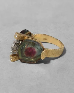 Vintage 1970s 18k Gold with Watermelon Tourmaline & Diamond Brutalist RIng