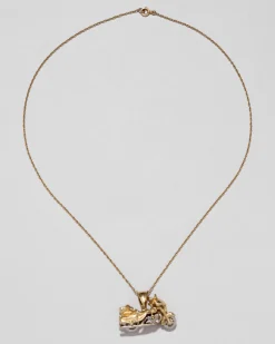 Vintage 1970s 14k Two Tone Gold Articulated Motorcycle Pendant Necklace