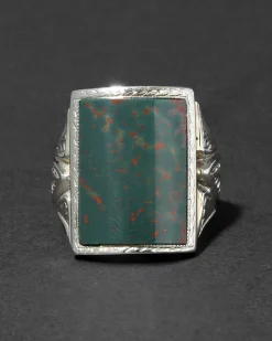 Vintage 1930s 10k White Gold & Hand Cut Domed Bloodstone Ring