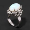 Vintage 1950s 18k White Gold with Natural Opal & Baguette & Marquis Diamond Halo Modernist Design Ring