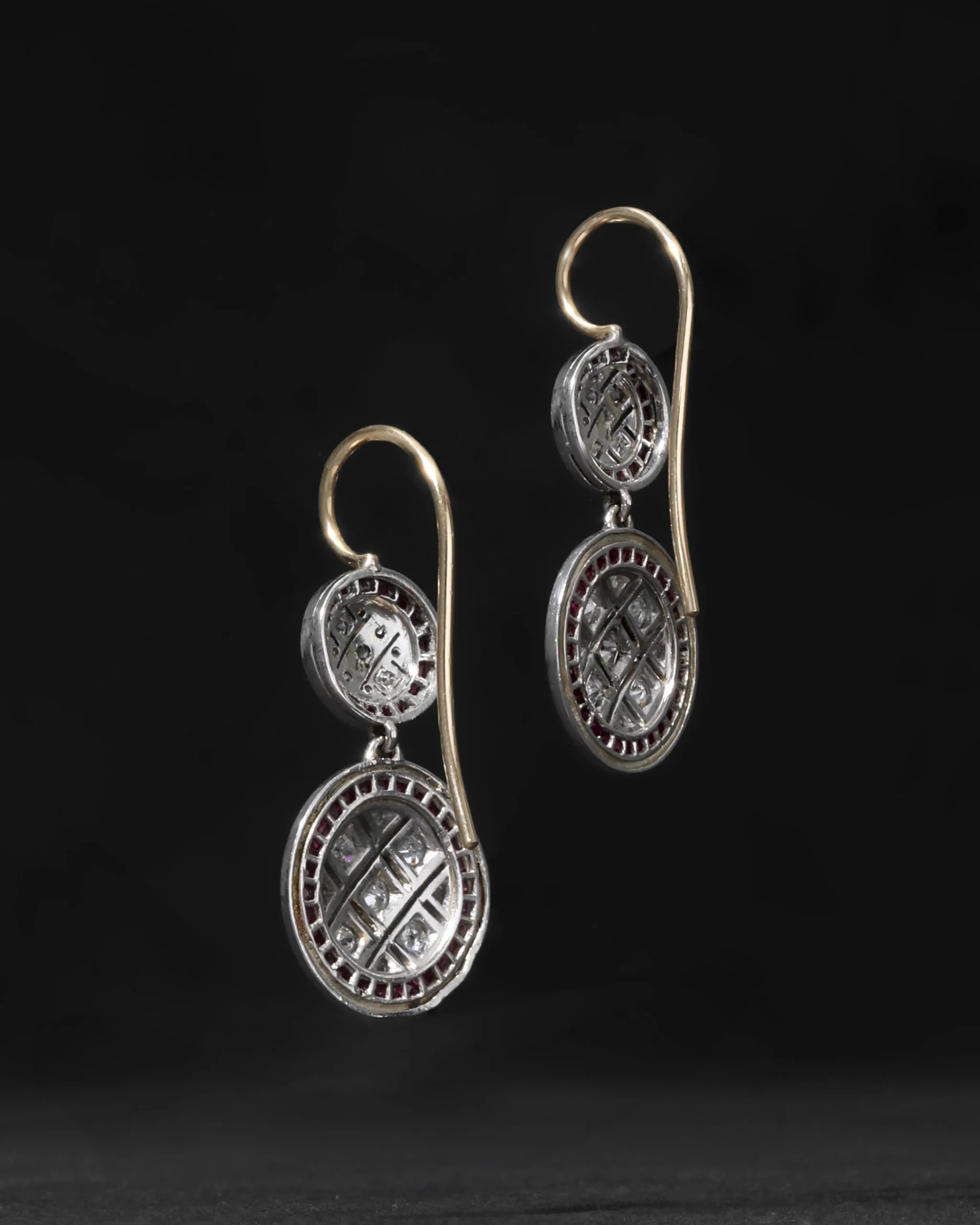 Vintage 1930s Platinum & 14k Gold Ruby & Diamond Deco Drop Earring