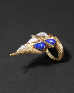 Vintage 1960s Platinum & 18k Gold with Lapis & Diamond Brutalist Ring